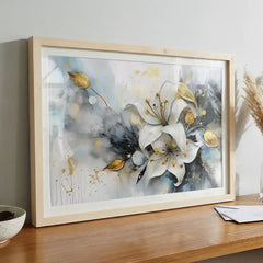 White Lily & Gold Splatters - Floral Art (Premium Glass Frame)