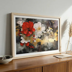 Crimson Elegance - Red & White Floral Art (Premium Glass Frame)