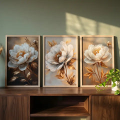 Golden Aura White Peonies - 3 Piece Floral Art Combo (Premium Glass Frame)