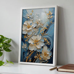 Blue & Gold 3D-Style Floral - Premium Glass Framed Wall Art