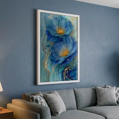 Ocean Blue & Gold Floral - Premium Glass Framed Wall Art