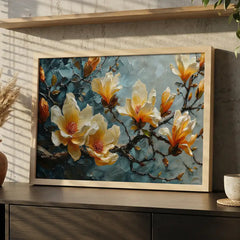 Elegant Cream & Teal Blossom - Premium Glass Framed Wall Art