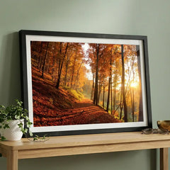 Golden Autumn Path - Sunlit Forest Scenery (Premium Glass Frame)