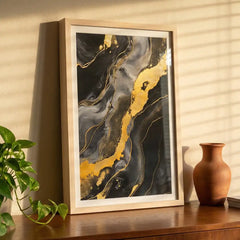 Black & Gold Fluid Marble Abstract - Premium Glass Framed Wall Art