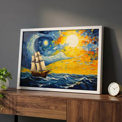 Celestial Voyage - Van Gogh Style Ship Art (Premium Glass Frame)