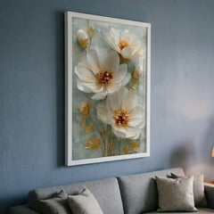 Elegant White & Gold Floral - Premium Glass Framed Wall Art