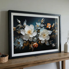 Midnight & Ivory Blossoms - Floral Art (Premium Glass Frame)