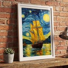 Golden Sails under Starry Skies - Vertical Van Gogh Ship Art (Premium Glass Frame)