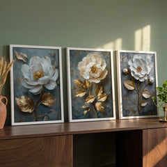 Gilded White Blooms - 3 Piece Metallic Floral Combo (Premium Glass Frame)