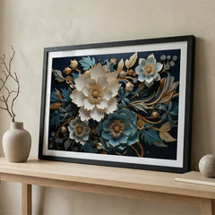Midnight Teal Blossoms - Floral Art (Premium Glass Frame)
