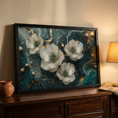 Emerald Swirl Abstract White Floral - Premium Glass Framed Wall Art