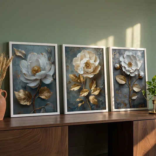 Gilded White Blooms - 3 Piece Metallic Floral Combo (Premium Glass Frame)