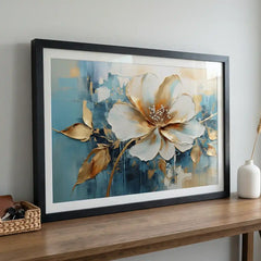 Azure & Gold Petals - Floral Art (Premium Glass Frame)