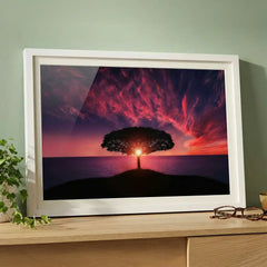 Majestic Magenta Twilight - Solitary Tree Sunset Scenery (Premium Glass Frame)