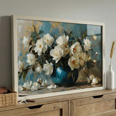 White Blossoms in Blue Vase - Floral Art (Premium Glass Frame)