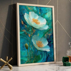 Ethereal Teal Floral - Premium Glass Framed Wall Art