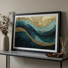 Oceanic Gold Swirl - Textured Abstract Art (Premium Glass Frame)