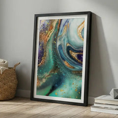 Teal & Gold Fluid Geode Abstract - Premium Glass Framed Wall Art