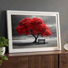 Striking Red Tree Scenery - Premium Glass Framed Wall Art