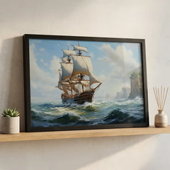 Coastal Voyage - Bright Ocean Ship Art (Premium Glass Frame)