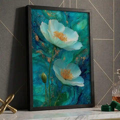 Ethereal Teal Floral - Premium Glass Framed Wall Art