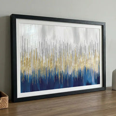 Golden Rainfall - Blue & Gold Abstract Art (Premium Glass Frame)