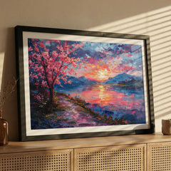 Pink Blossom Sunset - Dreamy Lake Scenery (Premium Glass Frame)