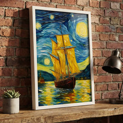 Golden Sails under Starry Skies - Vertical Van Gogh Ship Art (Premium Glass Frame)
