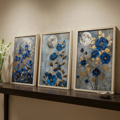 Midnight Blue Florals - 3 Piece Moonlit Art Combo (Premium Glass Frame)