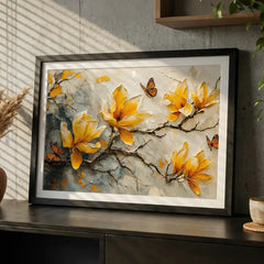 Vibrant Yellow & Orange Floral Butterfly - Premium Glass Framed Wall Art