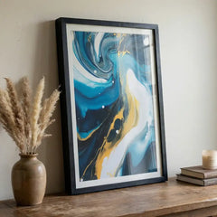 Azure & Gold Flow - Modern Abstract Swirl Art (Premium Glass Frame)