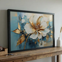 Azure & Gold Petals - Floral Art (Premium Glass Frame)