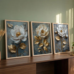 Gilded White Blooms - 3 Piece Metallic Floral Combo (Premium Glass Frame)