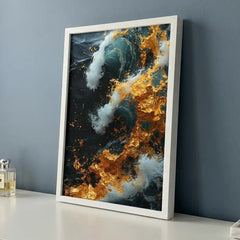 Golden Blue Swirl Abstract - Premium Glass Framed Wall Art