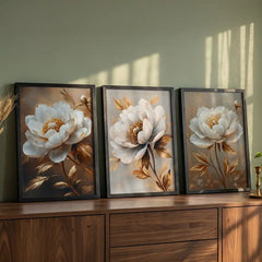 Golden Aura White Peonies - 3 Piece Floral Art Combo (Premium Glass Frame)