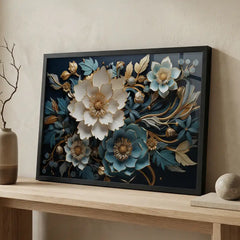 Midnight Teal Blossoms - Floral Art (Premium Glass Frame)