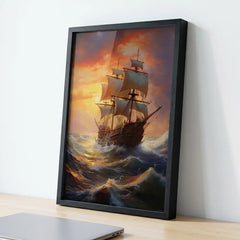 Golden Sunset Voyage - Majestic Sailing Ship Art (Premium Glass Frame)