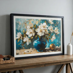 Azure Vase Blossoms - Still Life Art (Premium Glass Frame)
