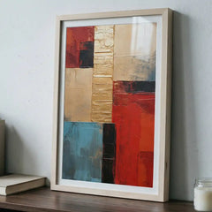 Geometric Luxe - Red, Gold & Blue Abstract Art (Premium Glass Frame)