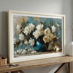 White Blossoms in Blue Vase - Floral Art (Premium Glass Frame)