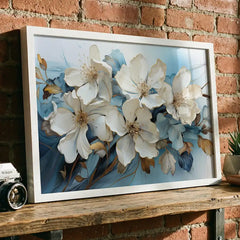 Pristine Blooms - White & Blue Floral Art (Premium Glass Frame)