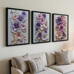 Lavender Dream Florals - 3 Piece Pastel Art Combo (Premium Glass Frame)