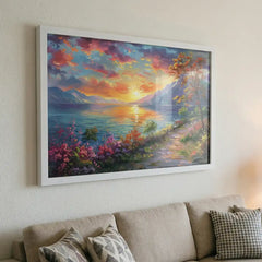 Serene Horizon - Colorful Lake Sunset Art (Premium Glass Frame)