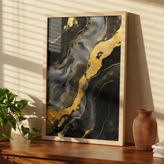 Black & Gold Fluid Marble Abstract - Premium Glass Framed Wall Art