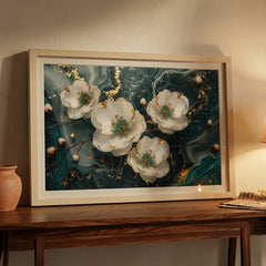 Emerald Swirl Abstract White Floral - Premium Glass Framed Wall Art