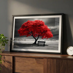 Striking Red Tree Scenery - Premium Glass Framed Wall Art