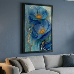 Ocean Blue & Gold Floral - Premium Glass Framed Wall Art