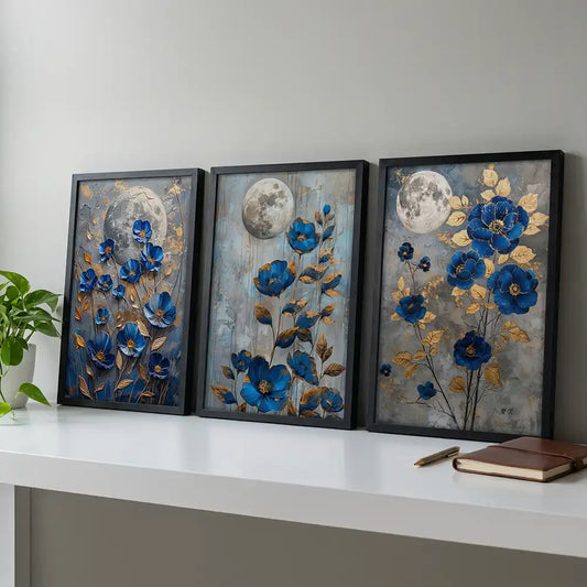 Midnight Blue Florals - 3 Piece Moonlit Art Combo (Premium Glass Frame)