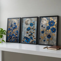 Midnight Blue Florals - 3 Piece Moonlit Art Combo (Premium Glass Frame)