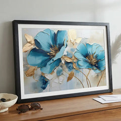 Azure Blooms - Blue & Gold Floral Art (Premium Glass Frame)